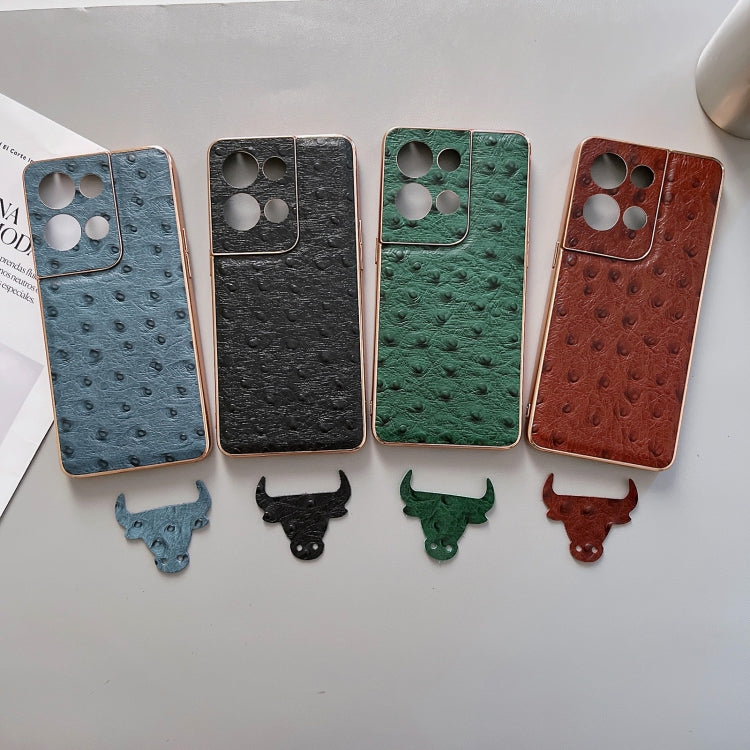 For OPPO Reno8 Genuine Leather Ostrich Texture Nano Plating Phone Case(Coffee) Eurekaonline