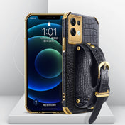 For OPPO Reno8 Pro+ Electroplated TPU Crocodile Pattern Leather Case with Wrist Strap(Black) Eurekaonline