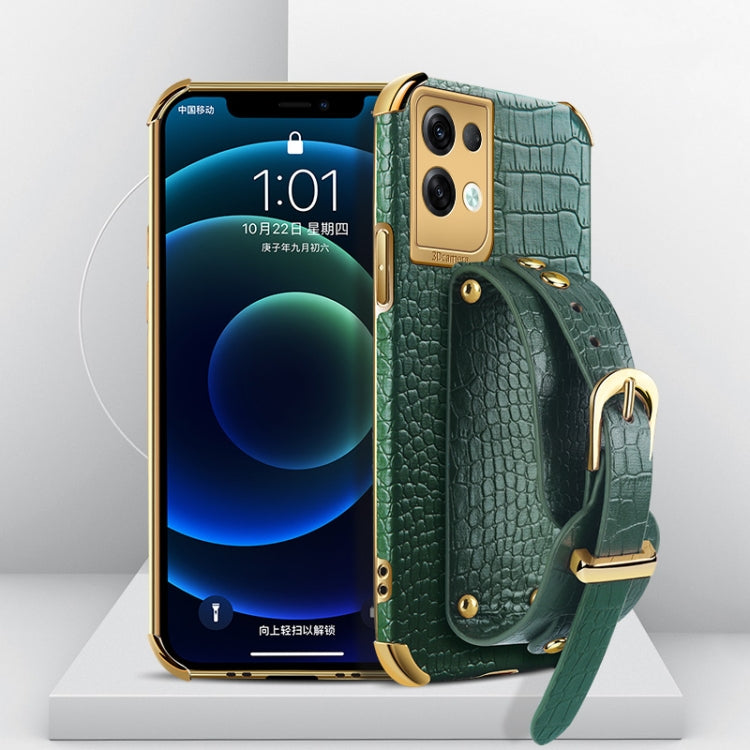 For OPPO Reno8 Pro+ Electroplated TPU Crocodile Pattern Leather Case with Wrist Strap(Green) Eurekaonline