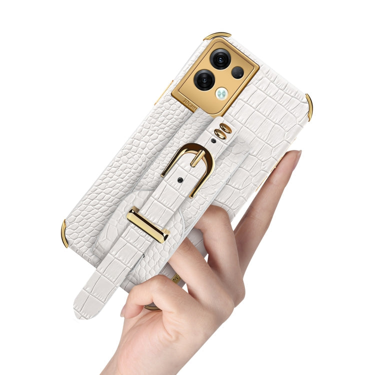 For OPPO Reno8 Pro+ Electroplated TPU Crocodile Pattern Leather Case with Wrist Strap(Yellow) Eurekaonline