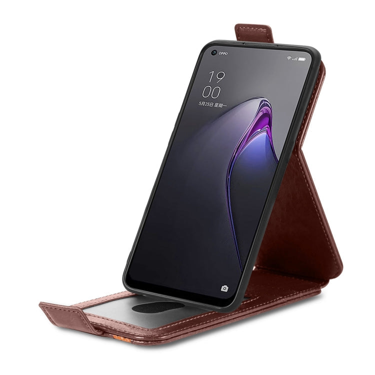 For OPPO Reno8 Splicing Wallet Card Holder Vertical Flip Leather Phone Case(Brown) Eurekaonline