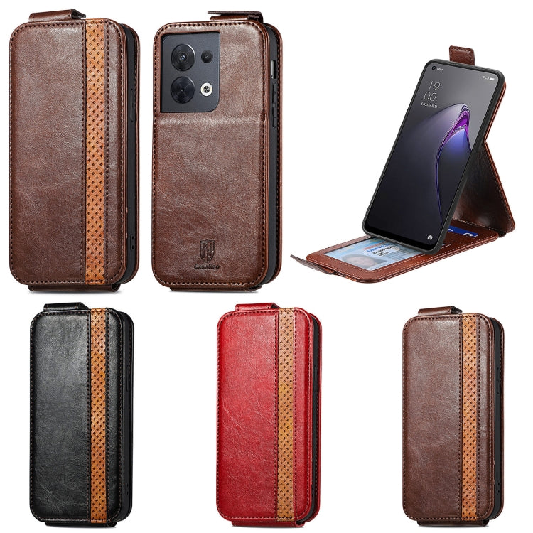 For OPPO Reno8 Splicing Wallet Card Holder Vertical Flip Leather Phone Case(Brown) Eurekaonline