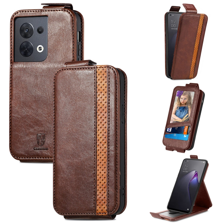 For OPPO Reno8 Splicing Wallet Card Holder Vertical Flip Leather Phone Case(Brown) Eurekaonline