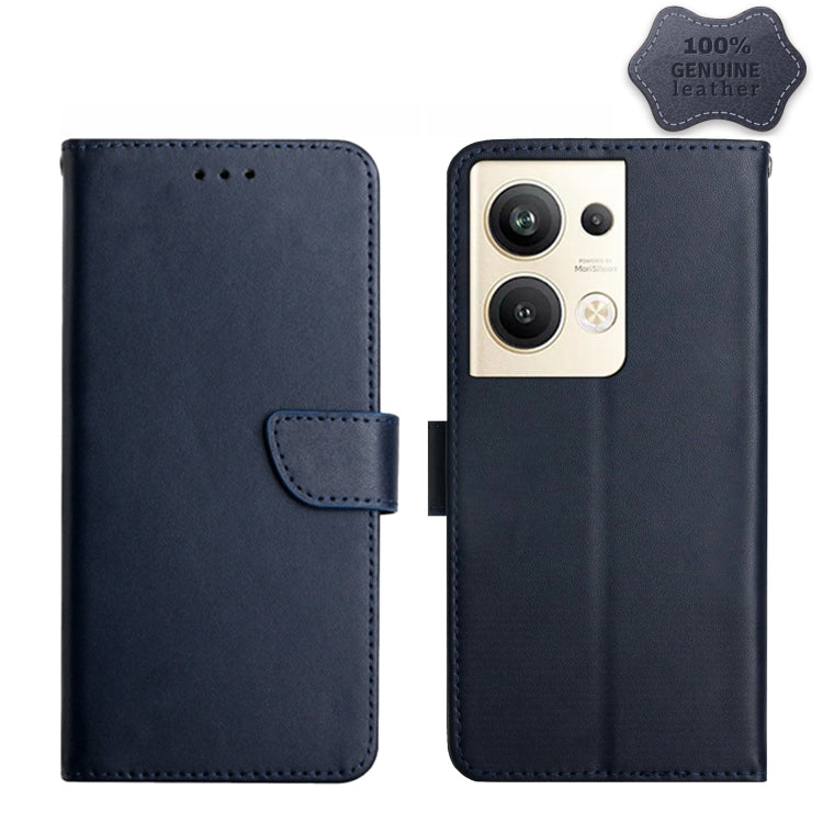 For OPPO Reno9 Pro+ HT02 Genuine Leather Fingerprint-proof Flip Phone Case(Blue) Eurekaonline