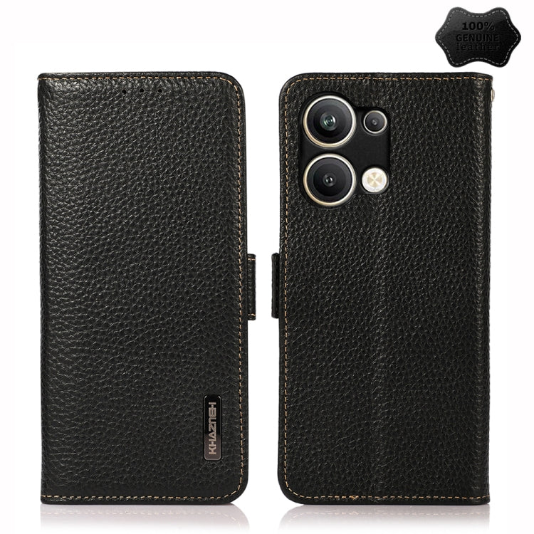 For OPPO Reno9 Pro+ KHAZNEH Side-Magnetic Litchi Genuine Leather RFID Phone Case(Black) Eurekaonline