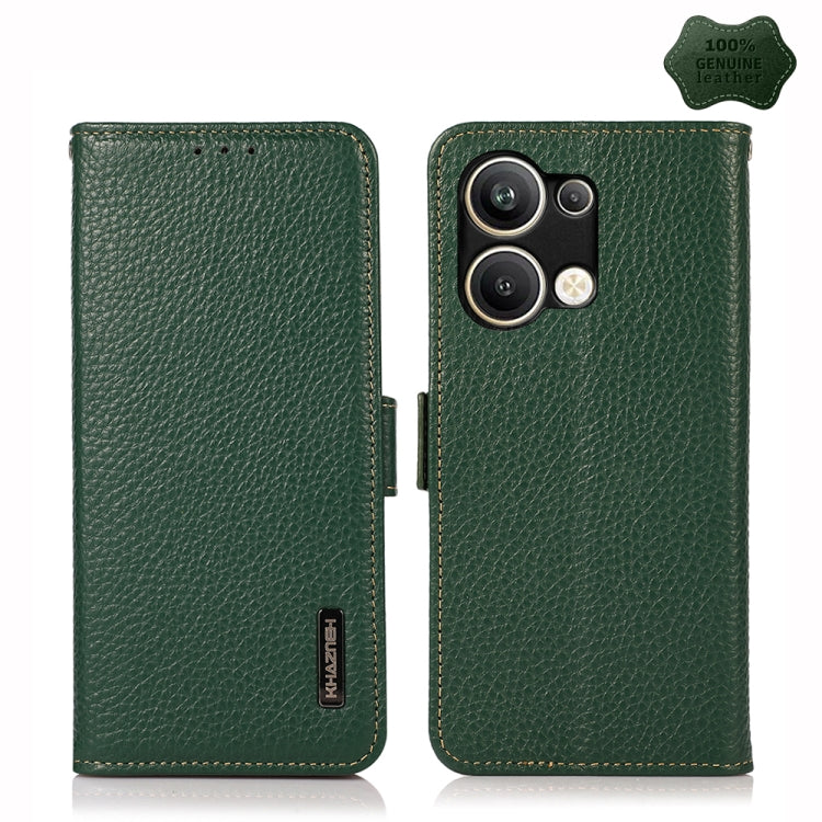 For OPPO Reno9 Pro+ KHAZNEH Side-Magnetic Litchi Genuine Leather RFID Phone Case(Green) Eurekaonline
