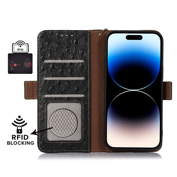 For OPPO Reno9 Pro+ Ostrich Pattern Genuine Leather RFID Phone Case(Black) Eurekaonline