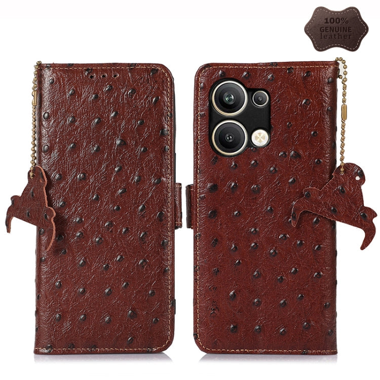 For OPPO Reno9 Pro+ Ostrich Pattern Genuine Leather RFID Phone Case(Coffee) Eurekaonline