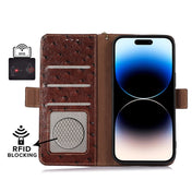 For OPPO Reno9 Pro+ Ostrich Pattern Genuine Leather RFID Phone Case(Coffee) Eurekaonline