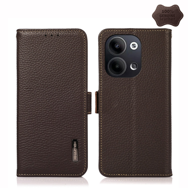 For OPPO Reno9 / Reno9 Pro KHAZNEH Side-Magnetic Litchi Genuine Leather RFID Phone Case(Brown) Eurekaonline