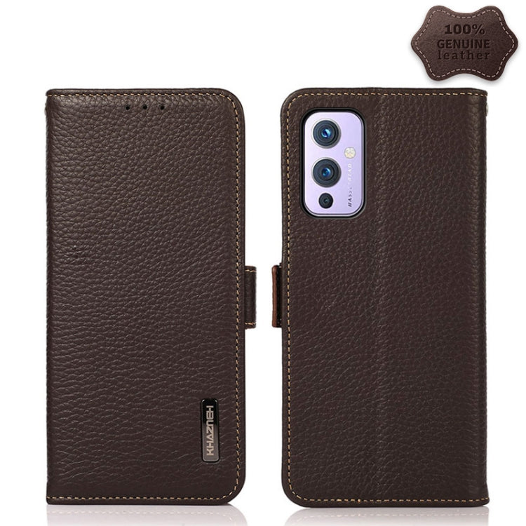 For OnePlus 9 KHAZNEH Side-Magnetic Litchi Genuine Leather RFID Phone Case(Brown) Eurekaonline