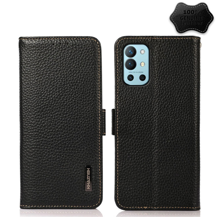 For OnePlus 9R KHAZNEH Side-Magnetic Litchi Genuine Leather RFID Phone Case(Black) Eurekaonline