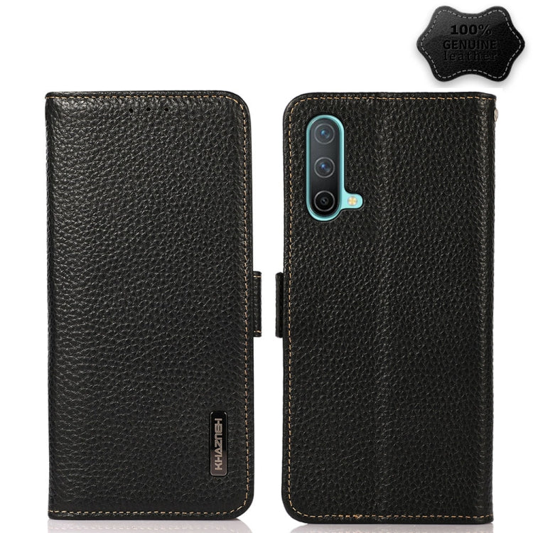 For OnePlus Nord CE 5G KHAZNEH Side-Magnetic Litchi Genuine Leather RFID Phone Case(Black) Eurekaonline