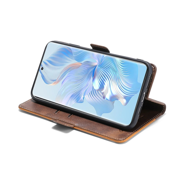 For Realme 10 4G Contrast Color Side Buckle Leather Phone Case(Dark Brown+Gold) Eurekaonline