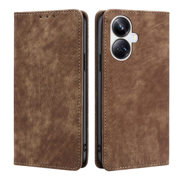 For Realme 10 Pro+ 5G RFID Anti-theft Brush Magnetic Leather Phone Case(Brown) Eurekaonline