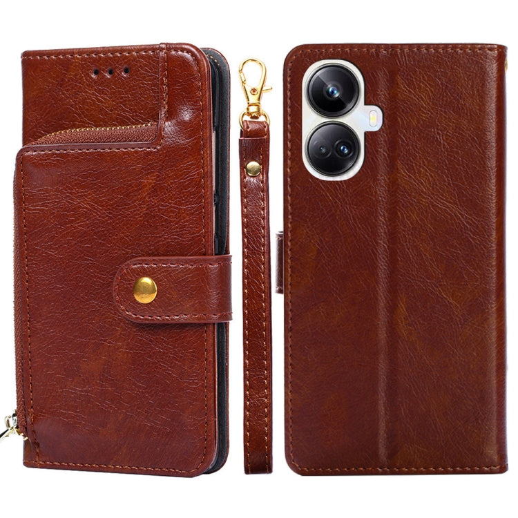 For Realme 10 Pro+ 5G Zipper Bag Leather Phone Case(Brown) Eurekaonline