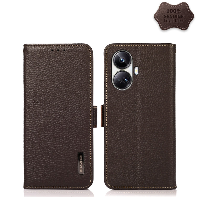 For Realme 10 Pro+ KHAZNEH Side-Magnetic Litchi Genuine Leather RFID Phone Case(Brown) Eurekaonline