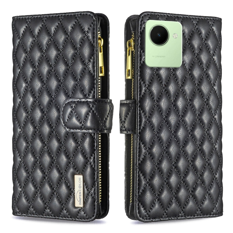 For Realme C30 Diamond Lattice Zipper Wallet Leather Flip Phone Case(Black) Eurekaonline