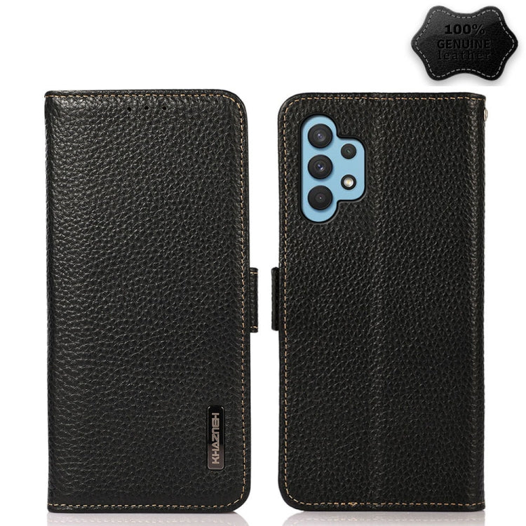 For Samsung Galaxy A32 5G KHAZNEH Side-Magnetic Litchi Genuine Leather RFID Phone Case(Black) Eurekaonline