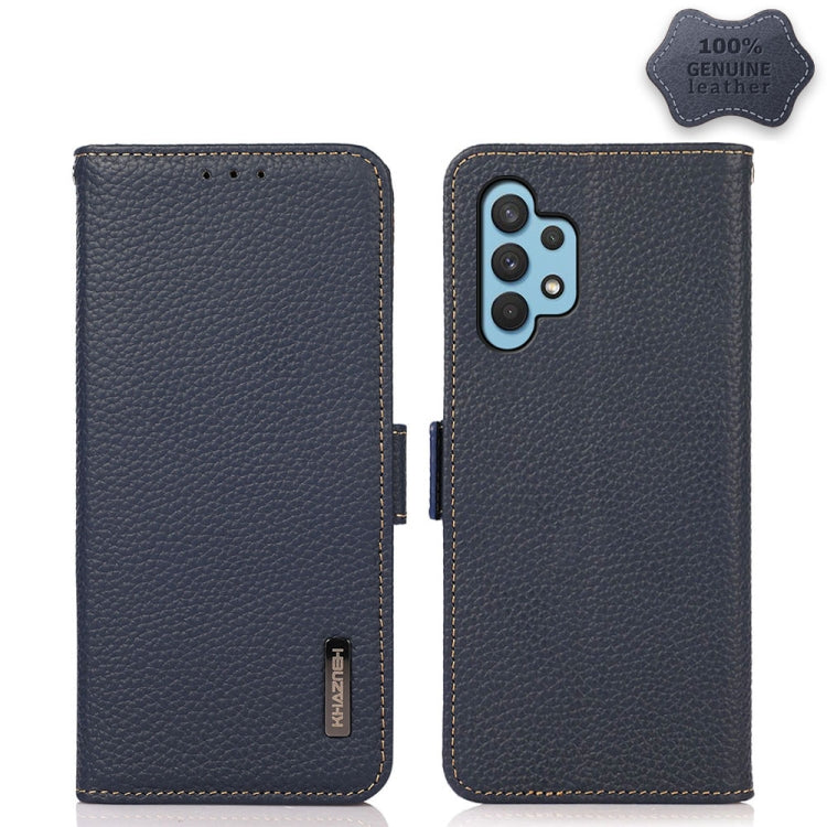 For Samsung Galaxy A32 5G KHAZNEH Side-Magnetic Litchi Genuine Leather RFID Phone Case(Blue) Eurekaonline
