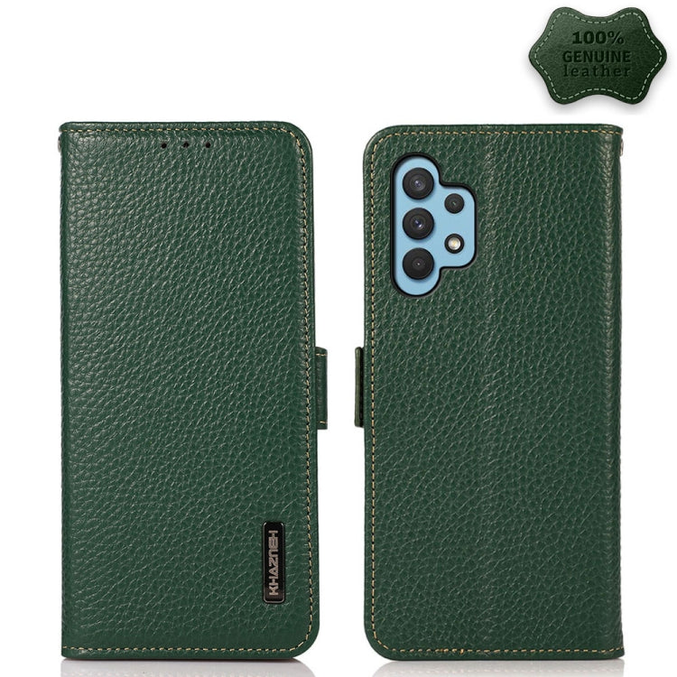 For Samsung Galaxy A32 5G KHAZNEH Side-Magnetic Litchi Genuine Leather RFID Phone Case(Green) Eurekaonline