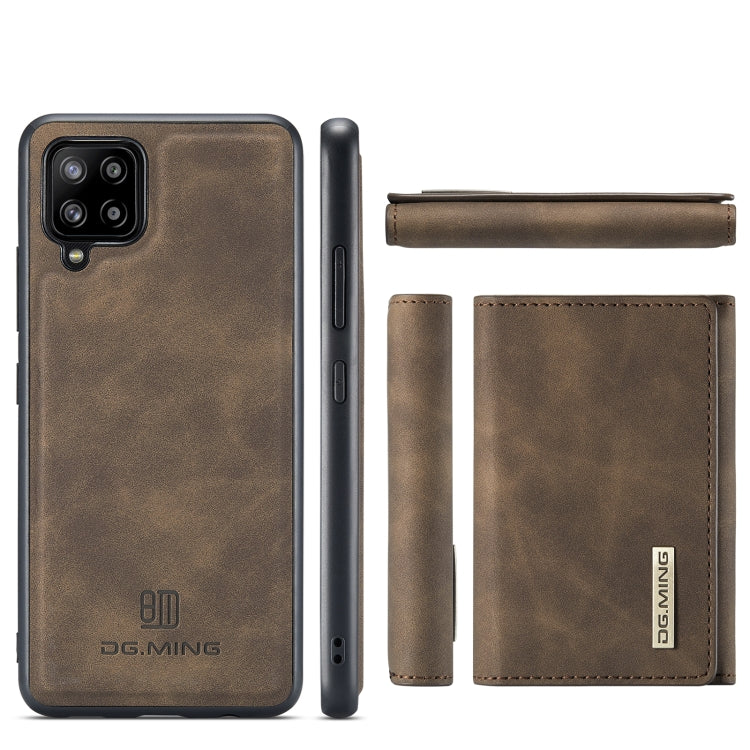 For Samsung Galaxy A42 5G DG.MING M1 Series 3-Fold Multi Card Wallet + Magnetic Back Cover Shockproof Case with Holder Function(Coffee) Eurekaonline