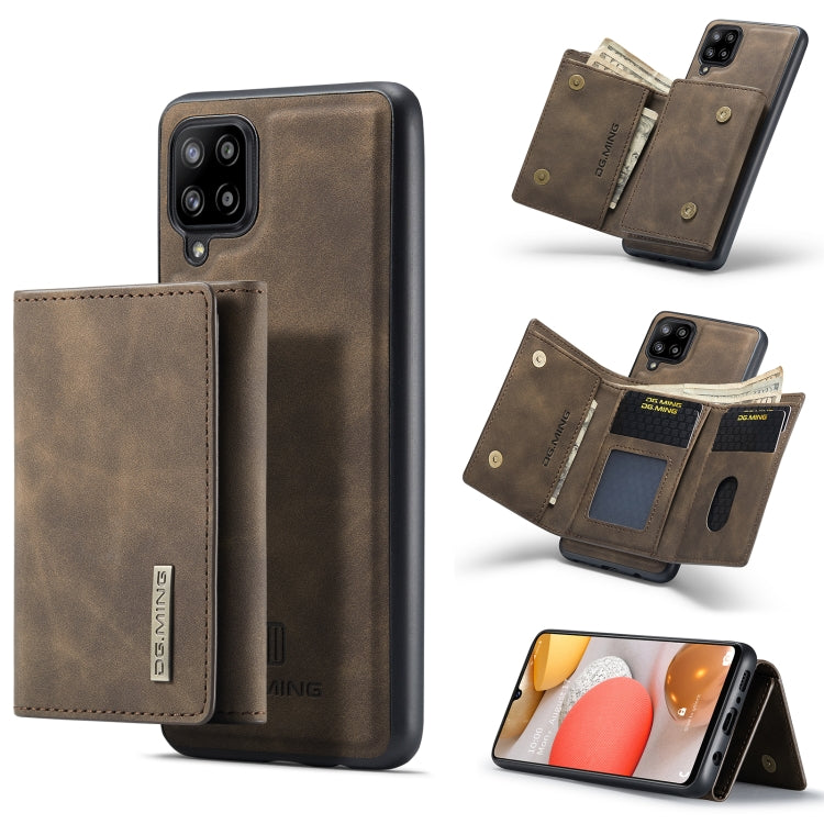 For Samsung Galaxy A42 5G DG.MING M1 Series 3-Fold Multi Card Wallet + Magnetic Back Cover Shockproof Case with Holder Function(Coffee) Eurekaonline