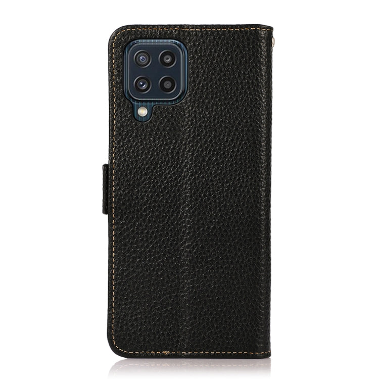 For Samsung Galaxy M32 KHAZNEH Side-Magnetic Litchi Genuine Leather RFID Phone Case(Black) Eurekaonline