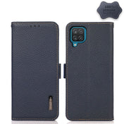 For Samsung Galaxy M32 KHAZNEH Side-Magnetic Litchi Genuine Leather RFID Phone Case(Blue) Eurekaonline