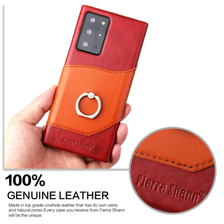 For Samsung Galaxy Note 20 Fierre Shann Oil Wax Texture Genuine Leather Back Cover Case with 360 Degree Rotation Holder & Card Slot(Red+Light Brown) Eurekaonline