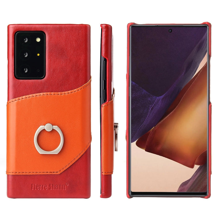For Samsung Galaxy Note 20 Fierre Shann Oil Wax Texture Genuine Leather Back Cover Case with 360 Degree Rotation Holder & Card Slot(Red+Light Brown) Eurekaonline