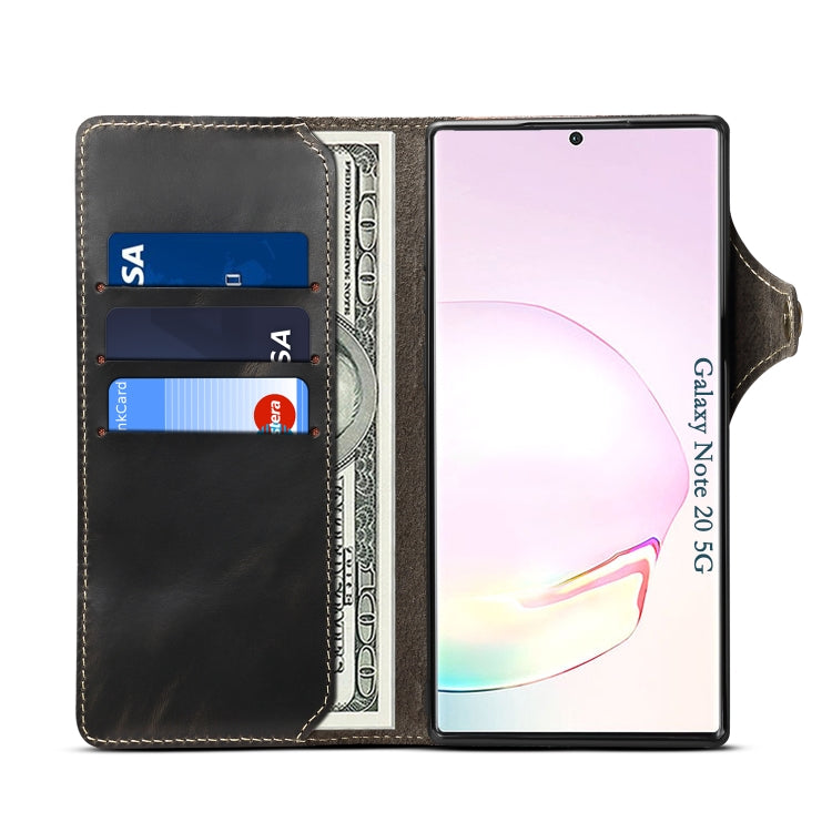 For Samsung Galaxy Note20 Denior Oil Wax Cowhide Magnetic Button Genuine Leather Case(Black) Eurekaonline
