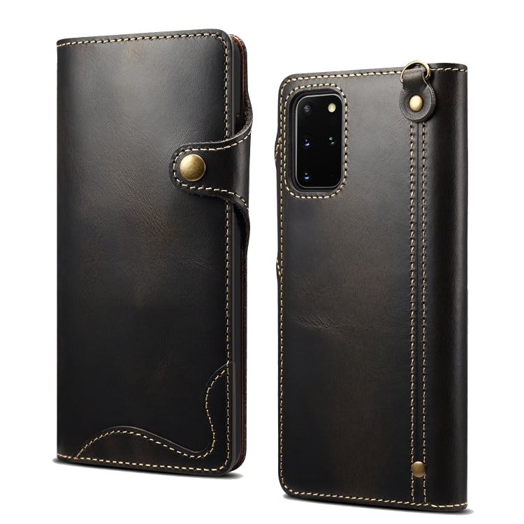 For Samsung Galaxy Note20 Denior Oil Wax Cowhide Magnetic Button Genuine Leather Case(Black) Eurekaonline