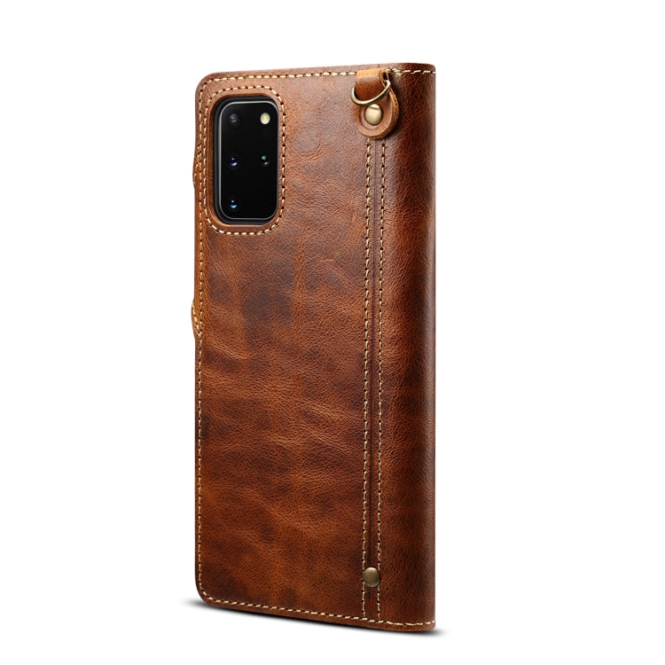 For Samsung Galaxy Note20 Denior Oil Wax Cowhide Magnetic Button Genuine Leather Case(Brown) Eurekaonline