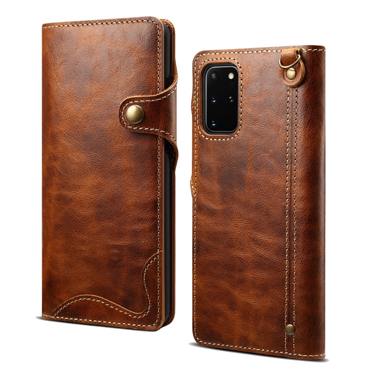 For Samsung Galaxy Note20 Denior Oil Wax Cowhide Magnetic Button Genuine Leather Case(Brown) Eurekaonline