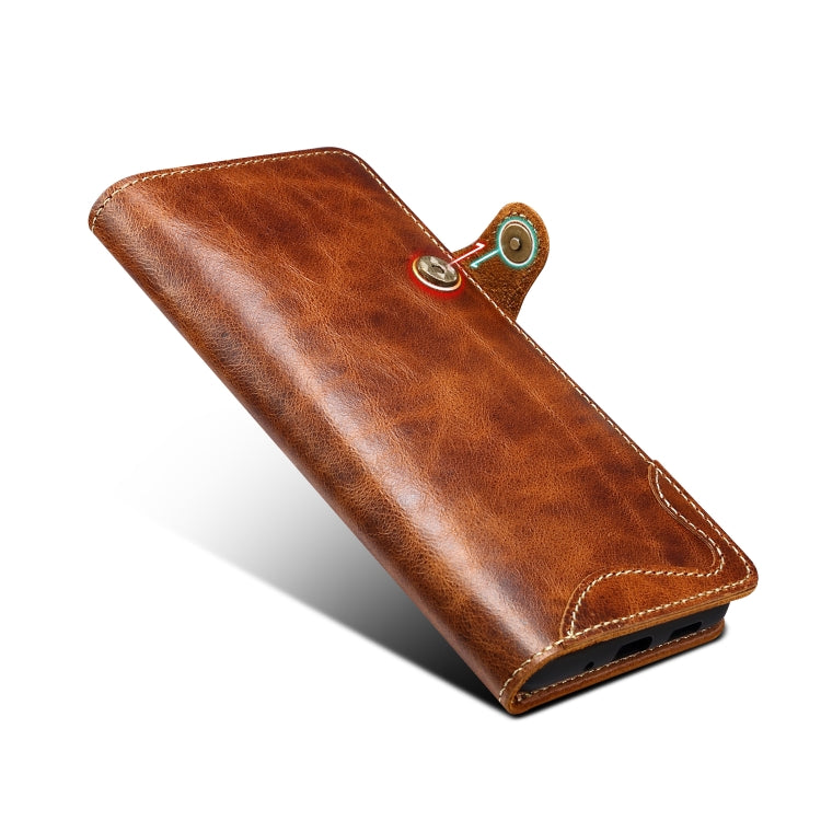 For Samsung Galaxy Note20 Denior Oil Wax Cowhide Magnetic Button Genuine Leather Case(Brown) Eurekaonline