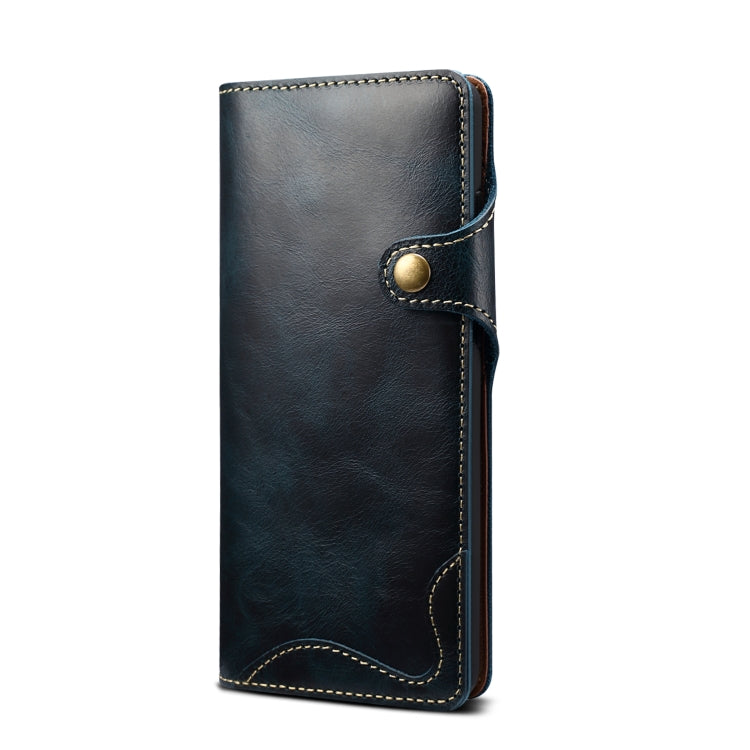 For Samsung Galaxy Note20 Denior Oil Wax Cowhide Magnetic Button Genuine Leather Case(Dark Blue) Eurekaonline