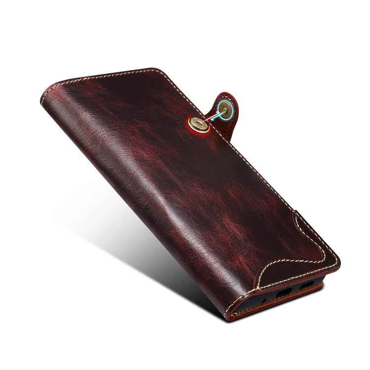 For Samsung Galaxy Note20 Denior Oil Wax Cowhide Magnetic Button Genuine Leather Case(Dark Red) Eurekaonline