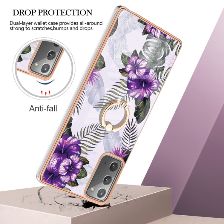 For Samsung Galaxy Note20 Electroplating IMD TPU Phone Case with Ring(Purple Flower) Eurekaonline