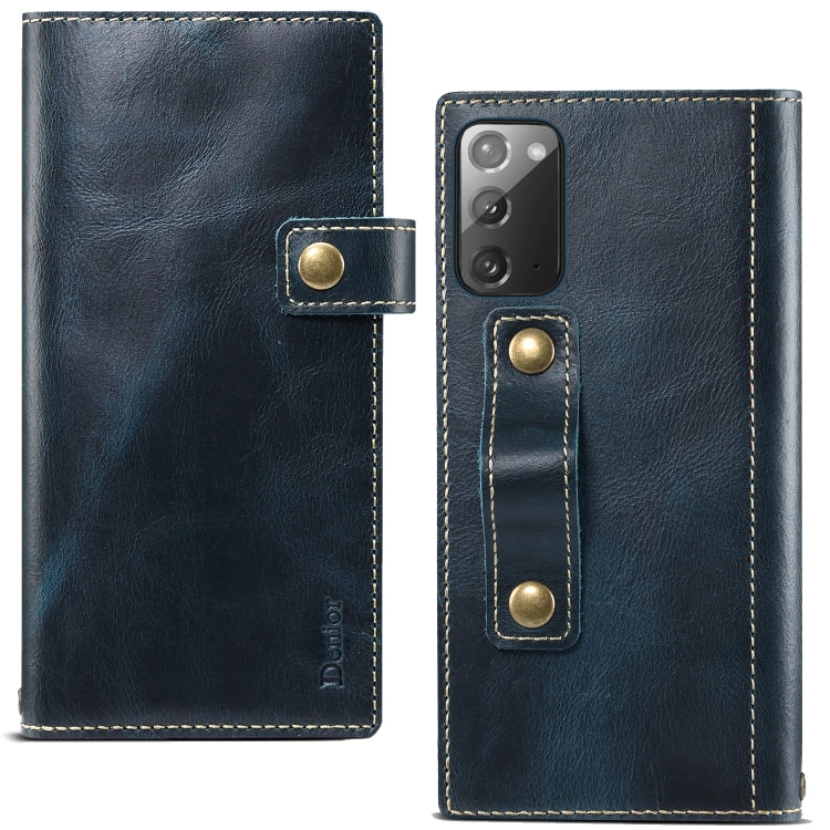 For Samsung Galaxy Note20 Ultra Denior Oil Wax Cowhide DK Magnetic Button Leather Phone Case(Dark Blue) Eurekaonline