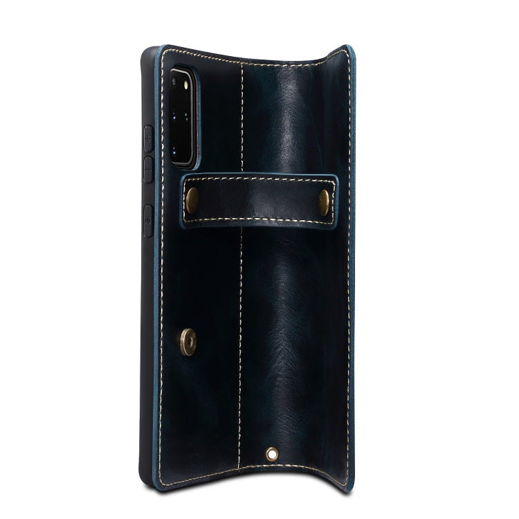 For Samsung Galaxy Note20 Ultra Denior Oil Wax Cowhide DK Magnetic Button Leather Phone Case(Dark Blue) Eurekaonline