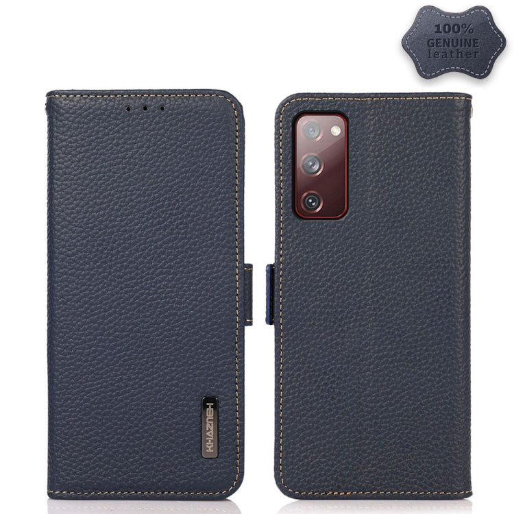 For Samsung Galaxy S20 FE KHAZNEH Side-Magnetic Litchi Genuine Leather RFID Phone Case(Blue) Eurekaonline