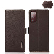 For Samsung Galaxy S20 FE KHAZNEH Side-Magnetic Litchi Genuine Leather RFID Phone Case(Brown) Eurekaonline