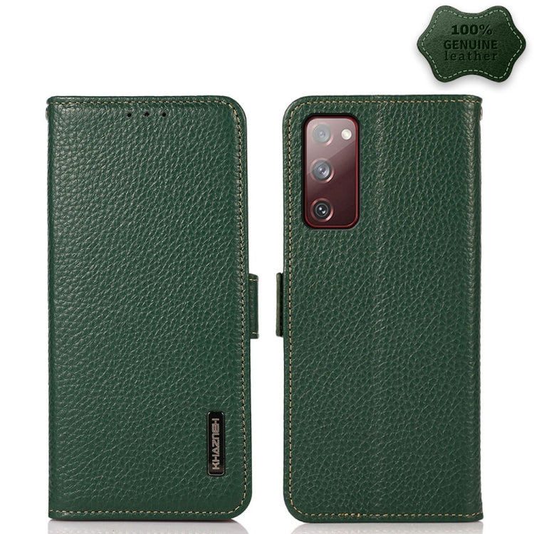 For Samsung Galaxy S20 FE KHAZNEH Side-Magnetic Litchi Genuine Leather RFID Phone Case(Green) Eurekaonline