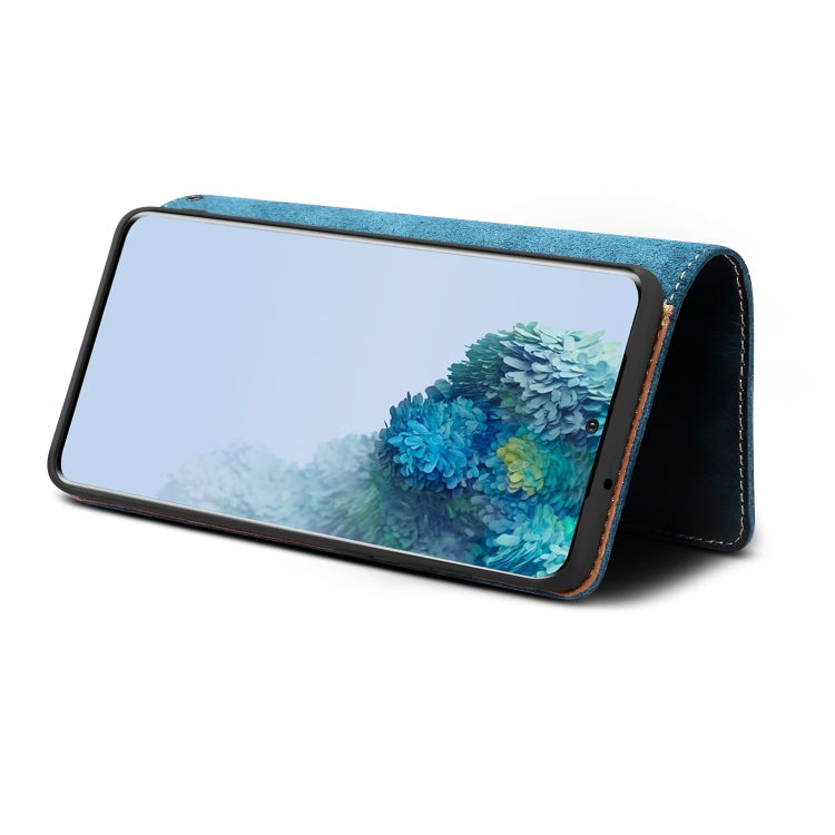 For Samsung Galaxy S20 Ultra Denior Oil Wax Cowhide DK Magnetic Button Leather Phone Case(Dark Blue) Eurekaonline