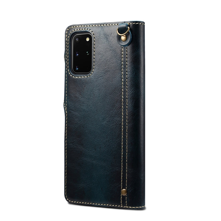 For Samsung Galaxy S20 Ultra Denior Oil Wax Cowhide Magnetic Button Genuine Leather Case(Dark Blue) Eurekaonline
