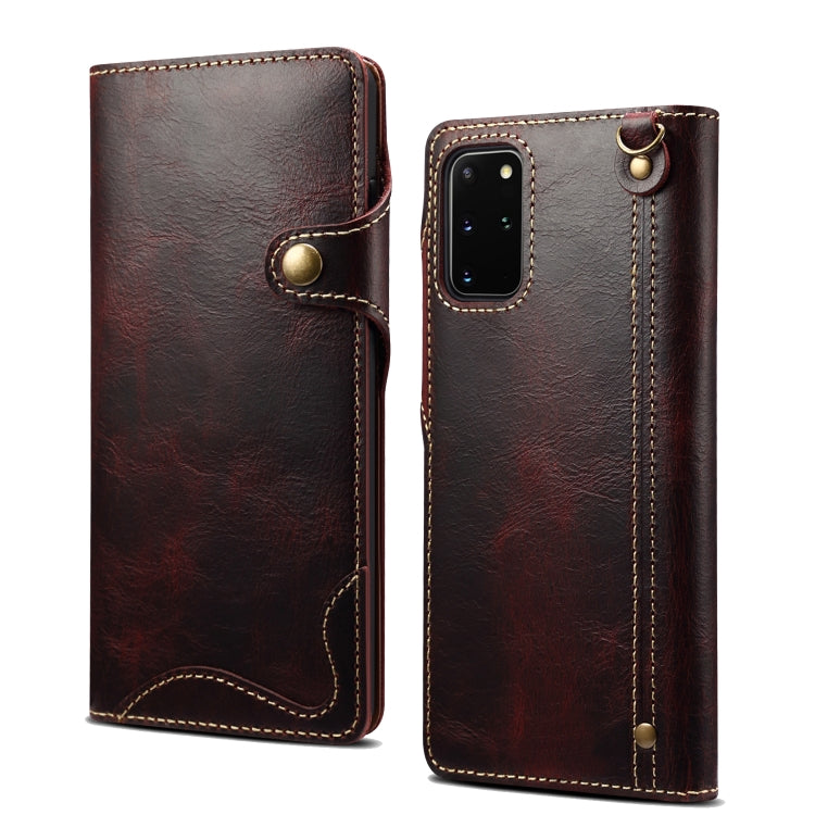 For Samsung Galaxy S20 Ultra Denior Oil Wax Cowhide Magnetic Button Genuine Leather Case(Dark Red) Eurekaonline