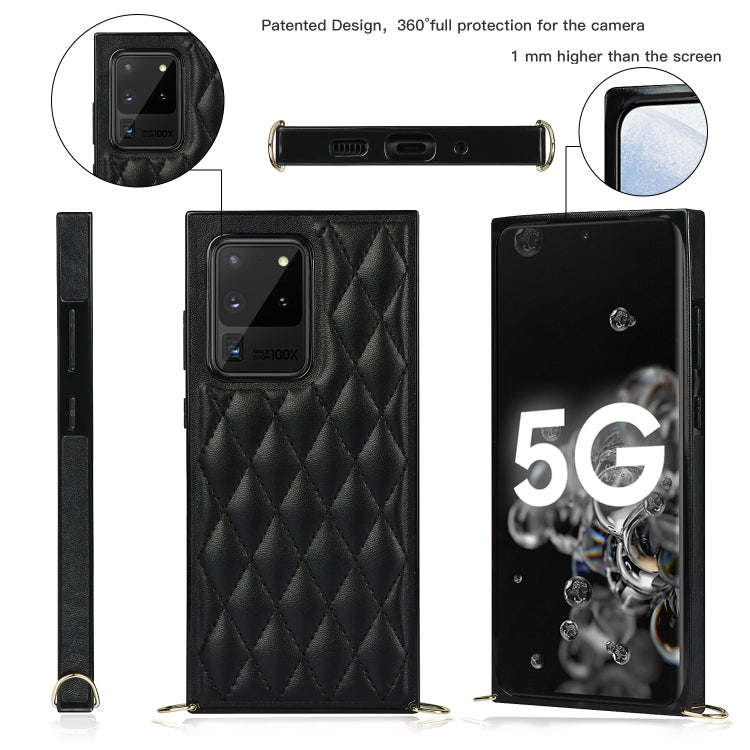 For Samsung Galaxy S20 Ultra Elegant Rhombic Pattern Microfiber Leather +TPU Shockproof Case with Crossbody Strap Chain(Black) Eurekaonline