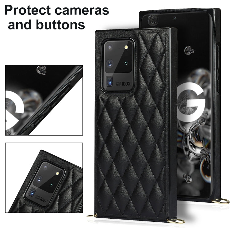 For Samsung Galaxy S20 Ultra Elegant Rhombic Pattern Microfiber Leather +TPU Shockproof Case with Crossbody Strap Chain(Black) Eurekaonline