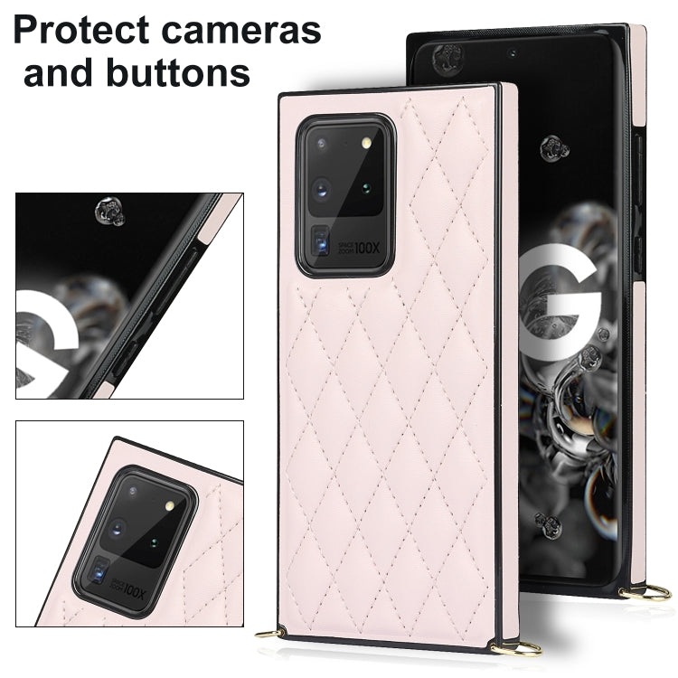 For Samsung Galaxy S20 Ultra Elegant Rhombic Pattern Microfiber Leather +TPU Shockproof Case with Crossbody Strap Chain(Pink) Eurekaonline